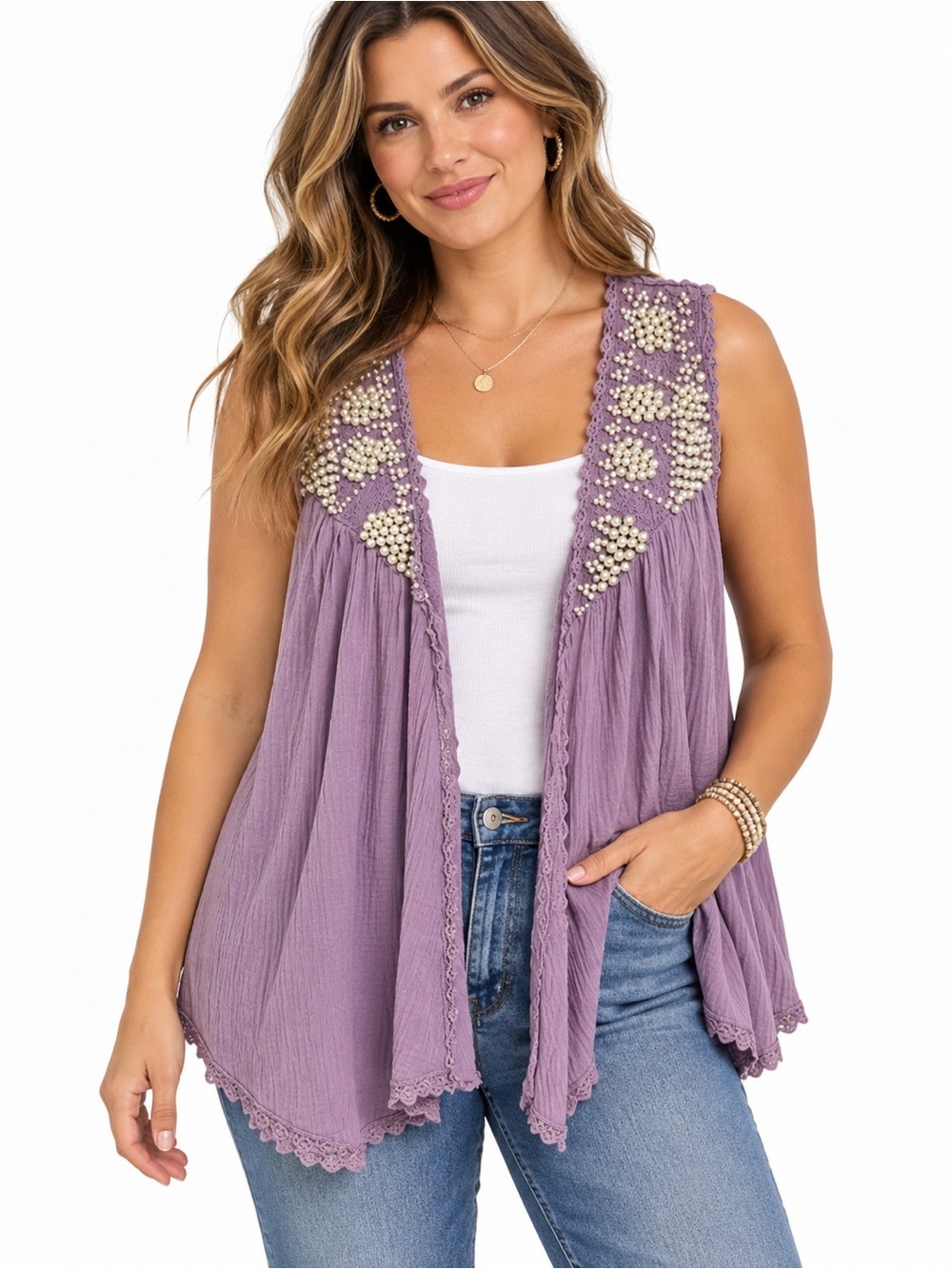 POL Oversized Boho Sleeveless Top Medium Lavender Pearl Embellished Crochet Vest